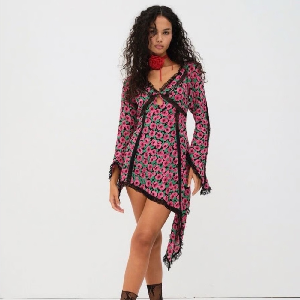 For Love & Lemons Brunella Asymmetrical Floral Mini Babydoll Dress Sz M Fairy